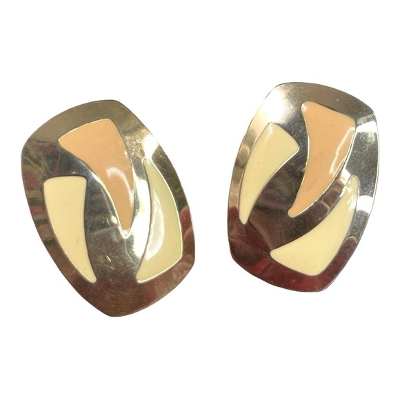 Vintage Large gold tone cream and peach enamel pattern earrings - Picture 1 of 7